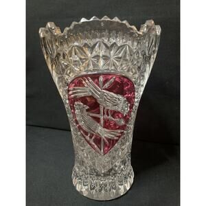 Hofbauer Byrdes Vase 8 1/8" German Lead Crystal Red Bird Garden Sawtooth